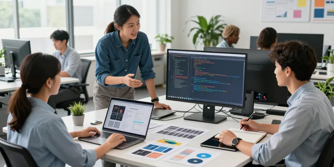 Team collaboration in a modern workspace at the WPS Official Website, showcasing technology and creativity.