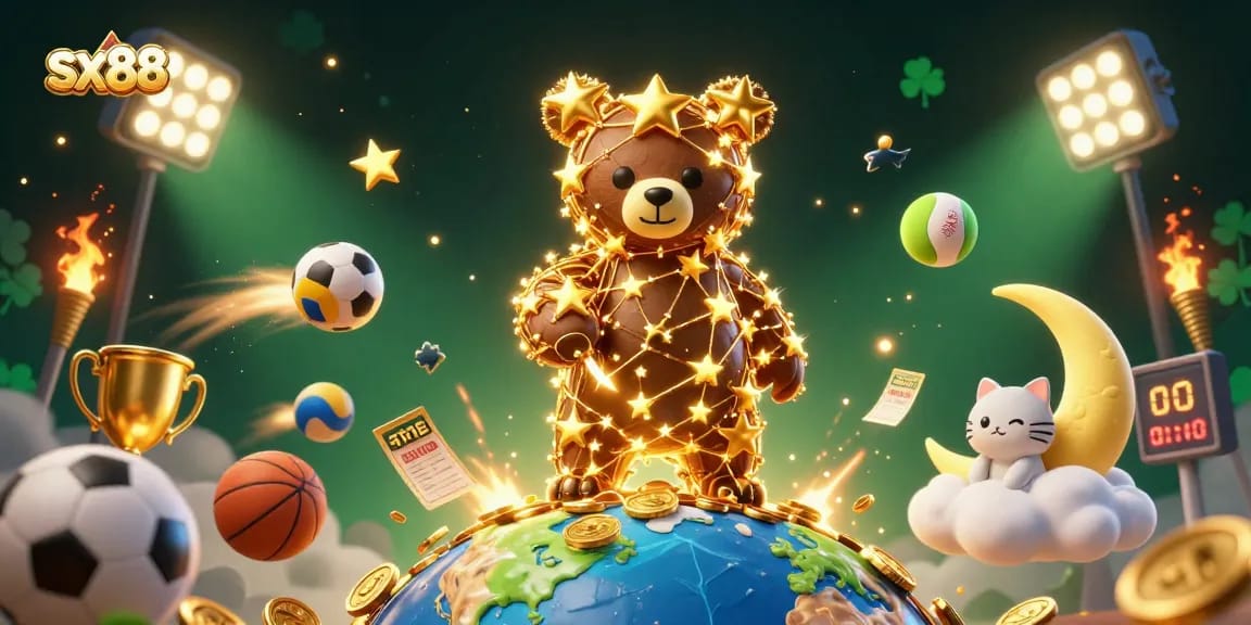 Scooping coins with sx88, a constellation bear surrounded by dynamic sports elements in a vibrant 3D scene.