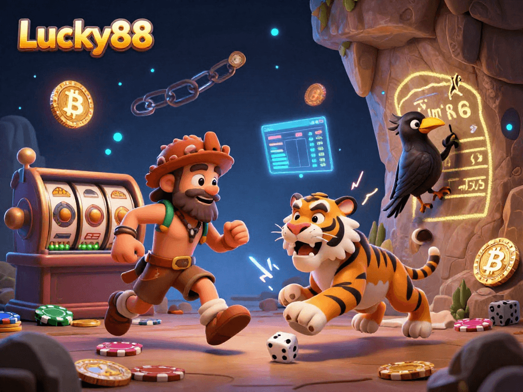 Engaging illustration showcasing Lucky88 with a caveman and sabertooth duo spotlighting slot reels in a vibrant casino.