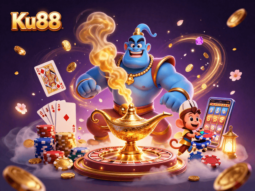 Engage in thrilling gaming with Ku88 amidst a magical casino scene filled with treasures.