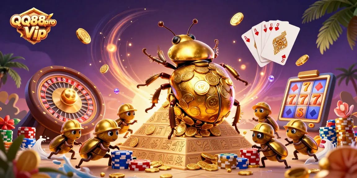 Witness the excitement of QQ88pro Vip with gold coins cascading as a beetle rolls to fortune.
