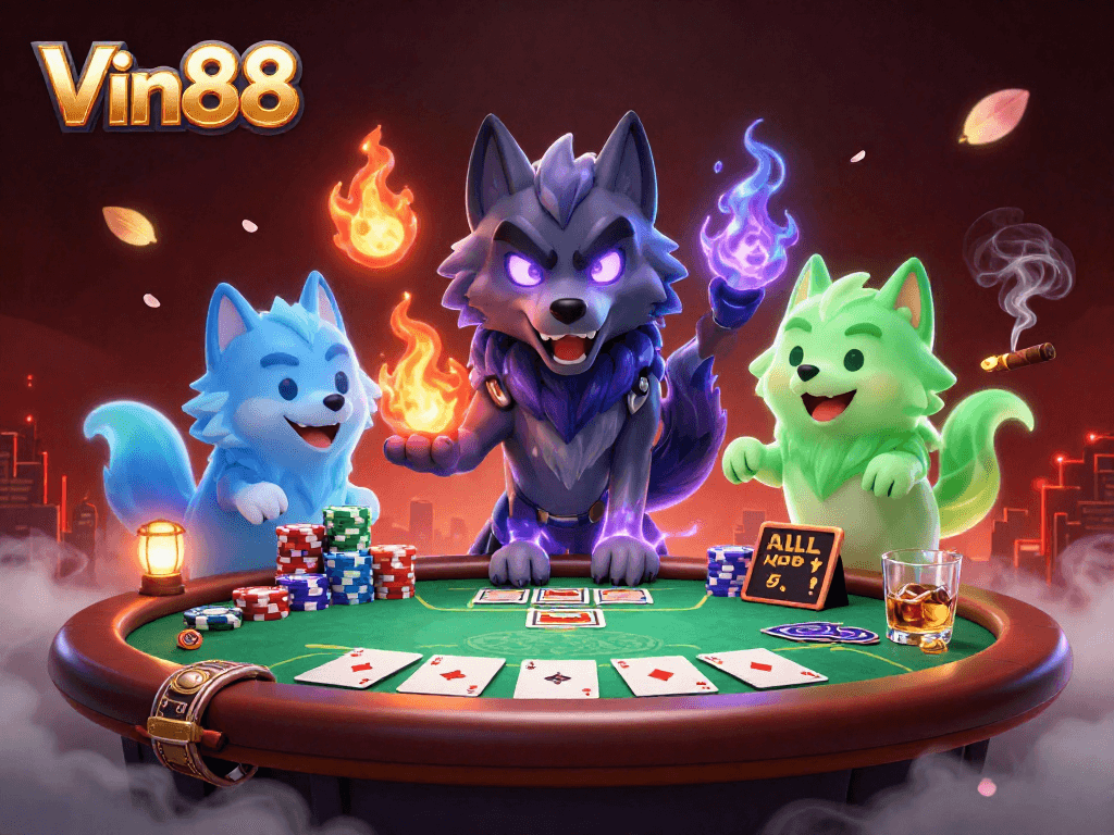 Experience thrilling poker gameplay at Vin88 with vibrant wolf illustrations and game elements.