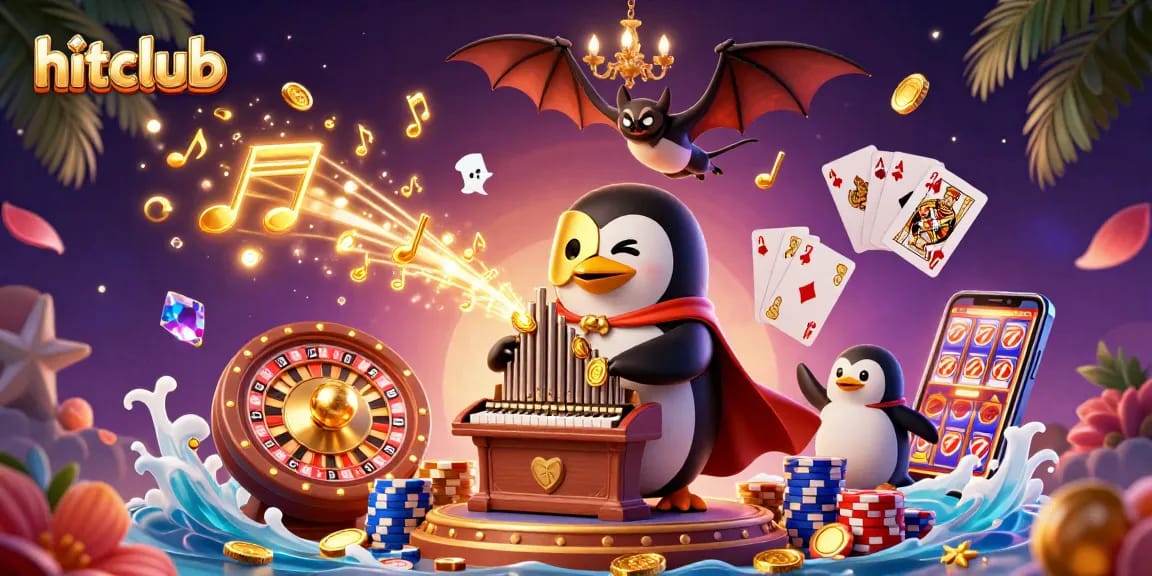 Experience thrilling gameplay at hitclub with a cartoon phantom penguin amidst casino elements and gold coins.