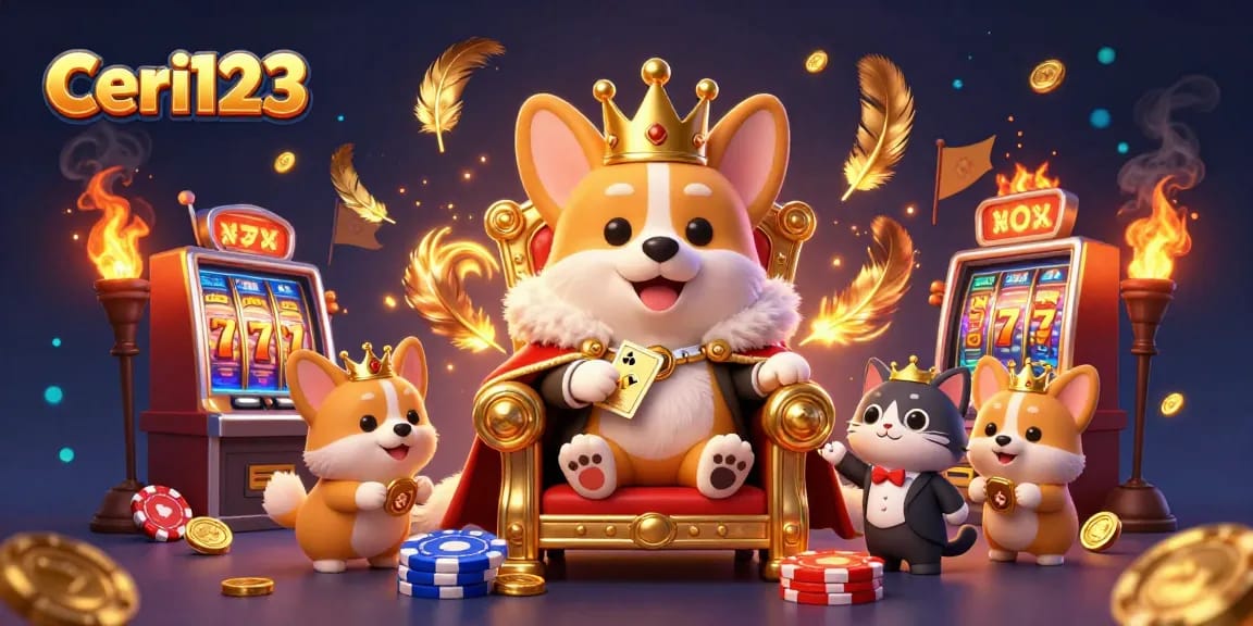 Spin the reels with Ceri123 featuring a royal corgi and a cat butler in a vibrant casino setting.