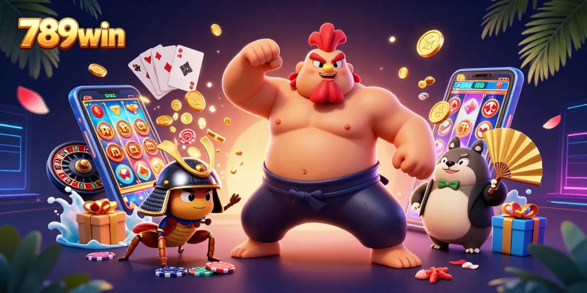 Engage in thrilling gameplay at 789win with dynamic casino elements and characters in a vibrant 3D illustration.