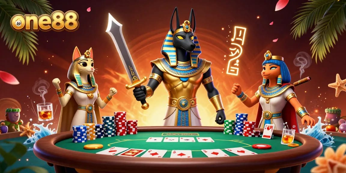 Experience thrilling poker action at one88 with Anubis, Bastet, and vibrant casino elements.