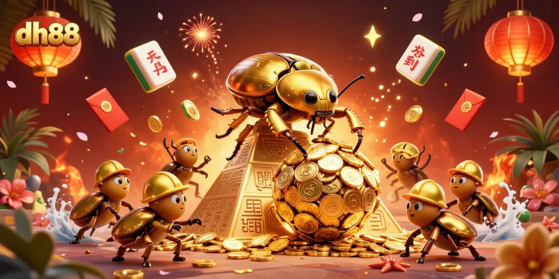 Engage in thrilling gameplay with dh88 as golden dung beetles roll gold coins amid glimmering casino symbols.