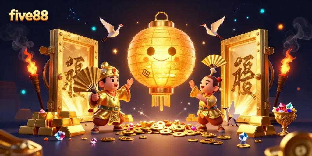 Experience the thrill of five88 with a 3D illustration showcasing vibrant gold accents and lively casino elements.