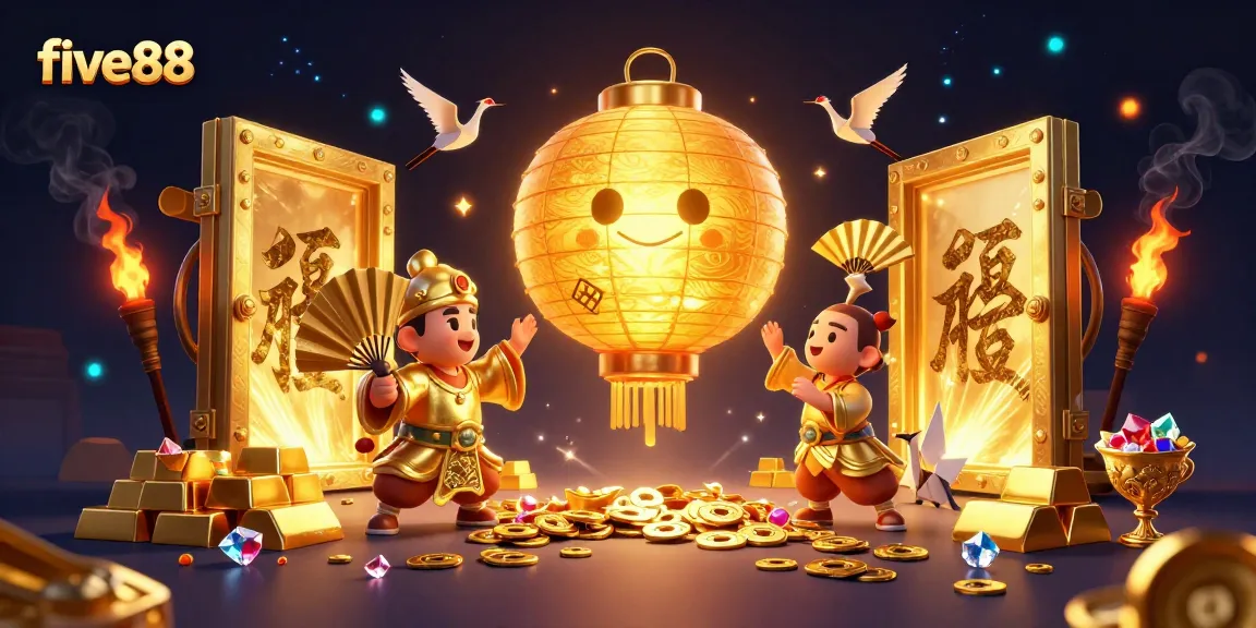 Experience the thrill of five88 with a 3D illustration showcasing vibrant gold accents and lively casino elements.