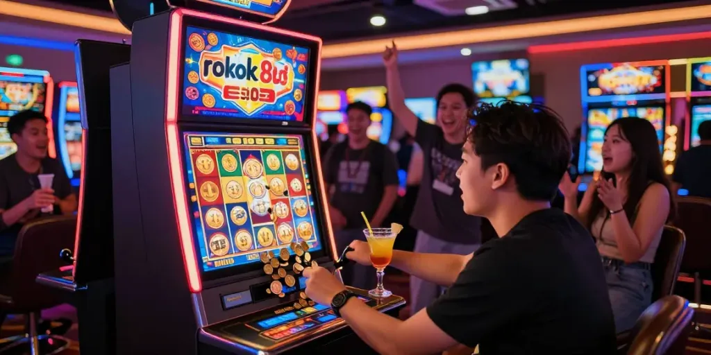Player winning on rokok88 slot machine in lively casino.
