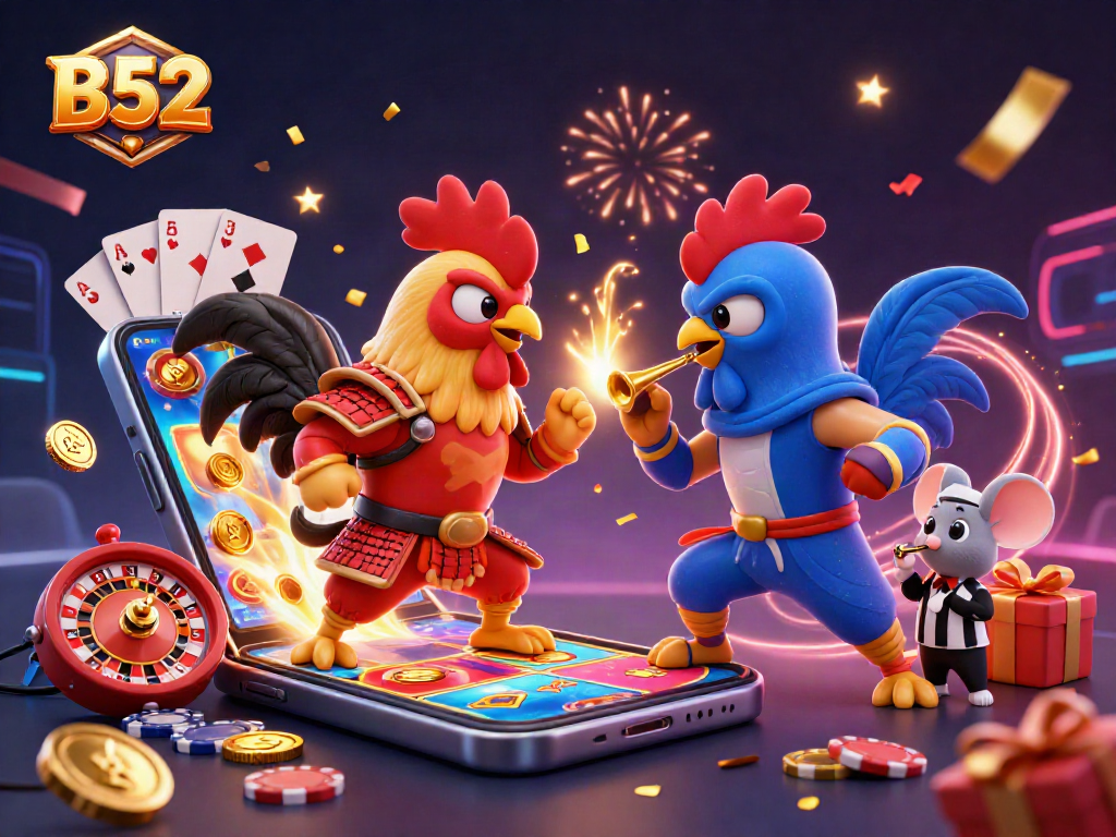 Engage in thrilling B52 casino action with dynamic roosters and vibrant game elements.