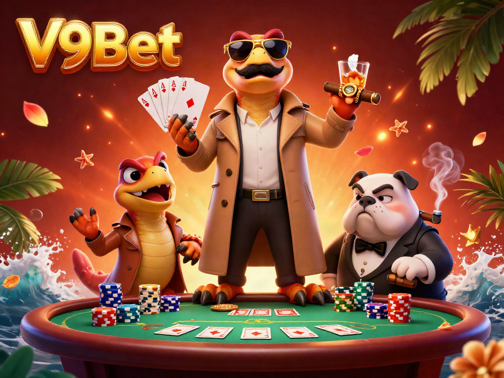 Engage in thrilling action at V9Bet with raptors in a trench coat at a VIP casino scene.