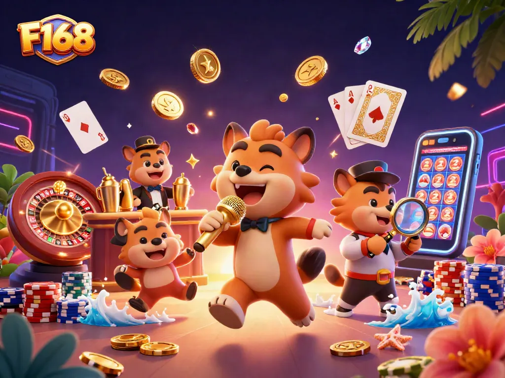 F168 hyenas lively casino scene featuring a stand-up comedian, bartender, and bouncer amidst gaming glamour.