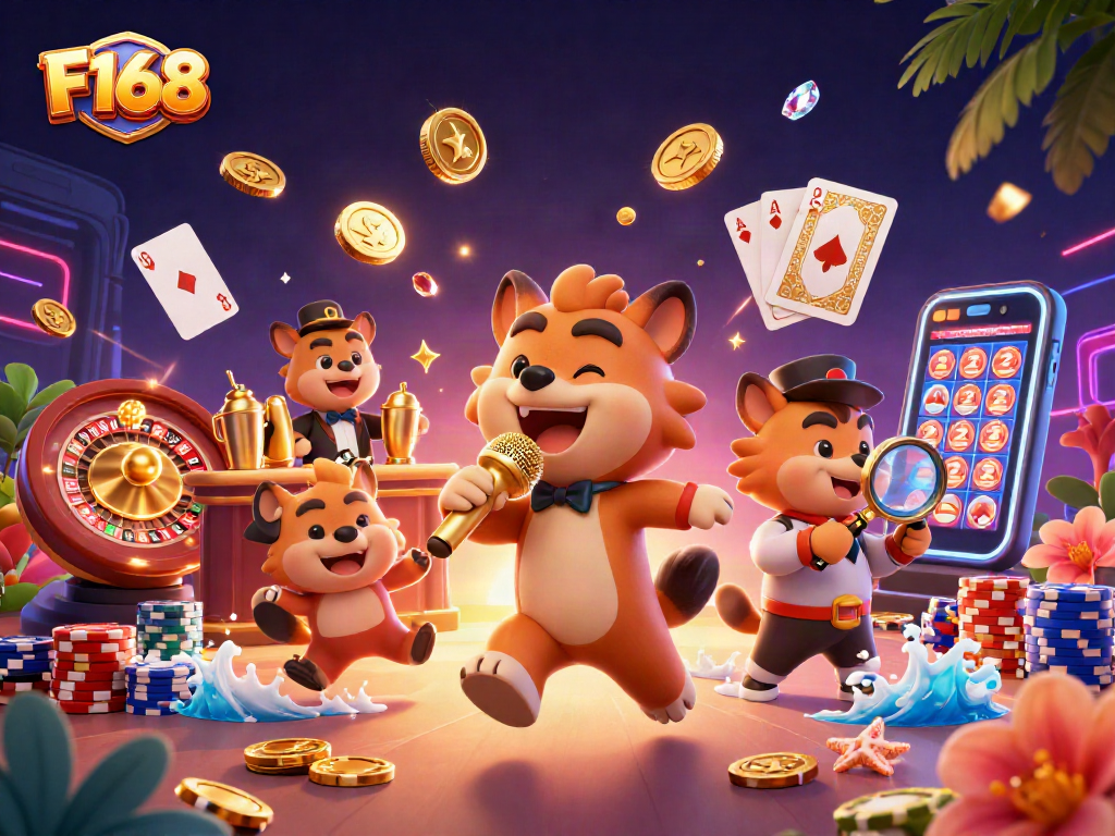 F168 hyenas lively casino scene featuring a stand-up comedian, bartender, and bouncer amidst gaming glamour.