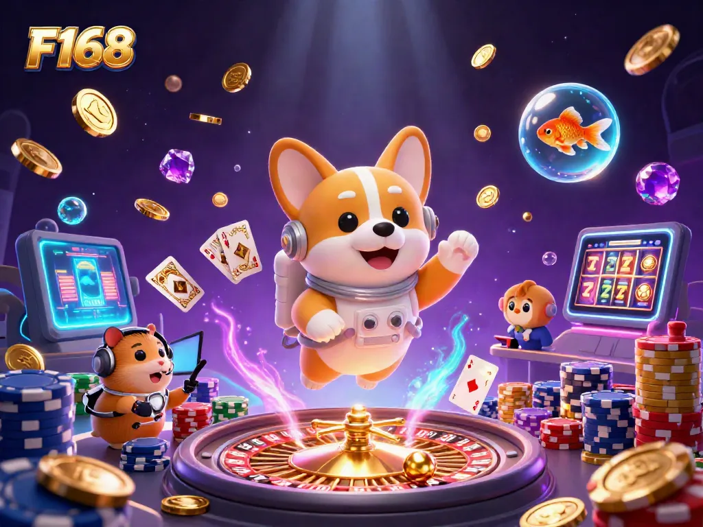 F168 highlights gameplay with a corgi astronaut and casino elements in space.