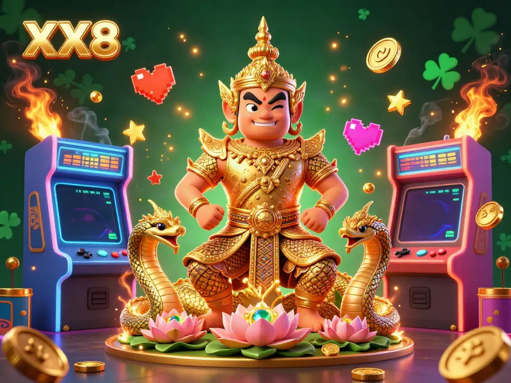 Engage in vibrant slot gameplay with captivating XX8 guardian characters and neon arcade machines.