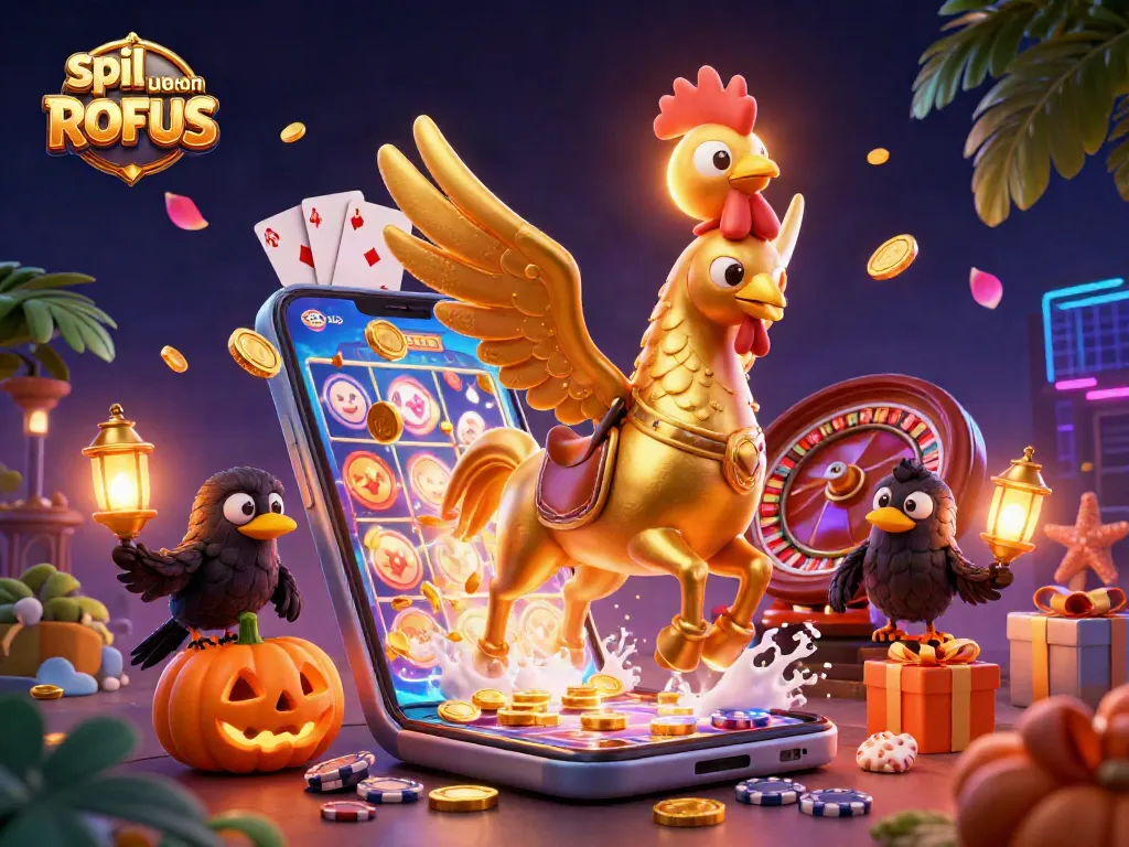 Play slots and win at spil uden om ROFUS with a golden rooster in a vibrant casino scene.