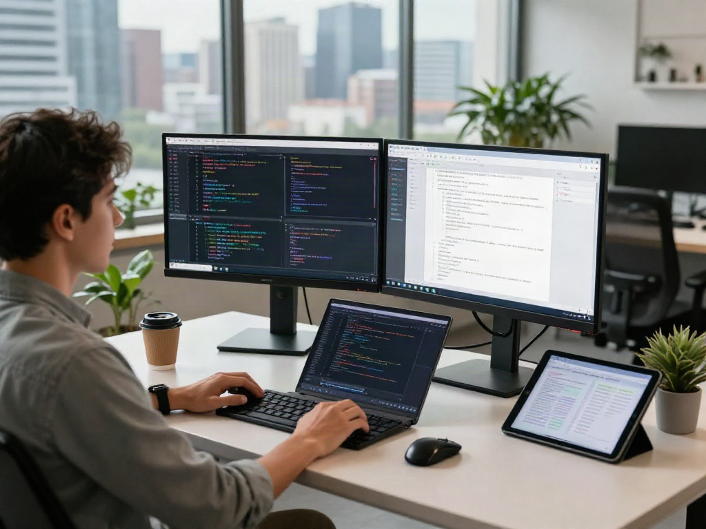 Dynamic AI software development scene showcasing crushon ai in a modern workspace
