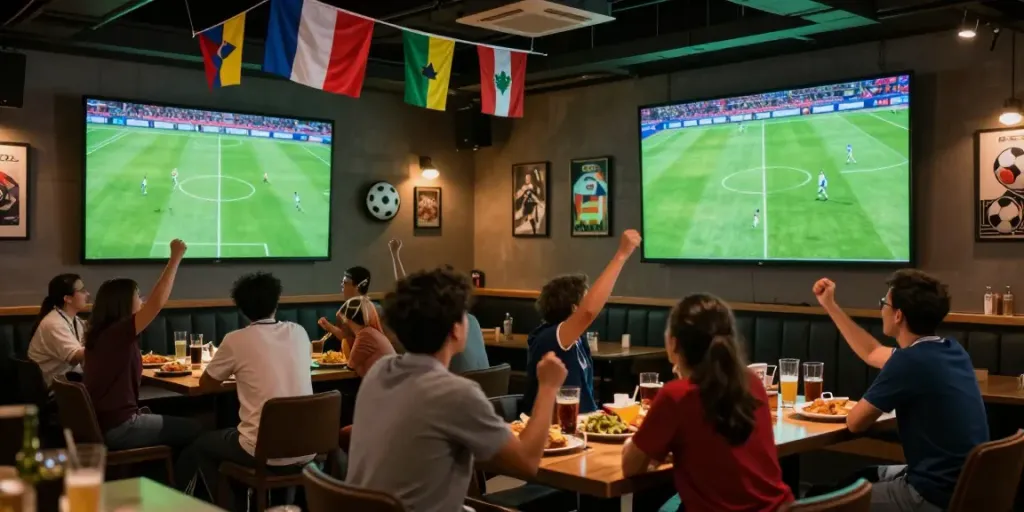 Fans enjoying bóng đá gavangtv at a lively sports bar with vibrant team colors.