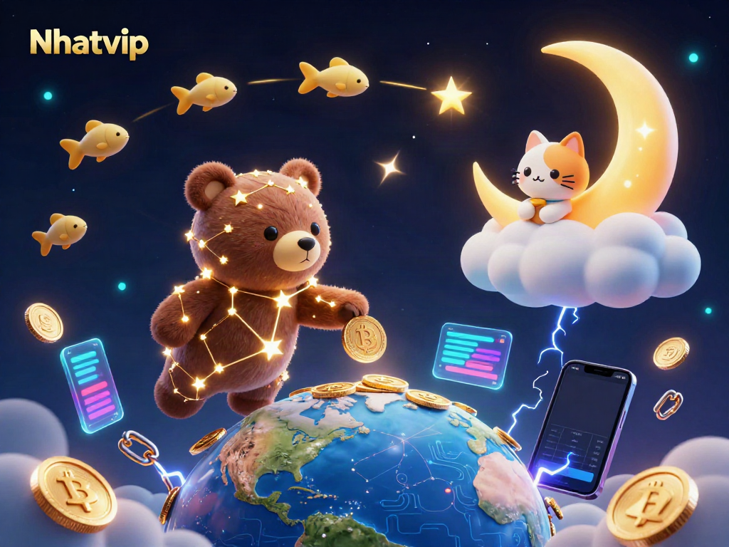 Nhatvip captures vibrant casino spirit with golden constellation bear and cryptocurrencies in a dynamic scene.