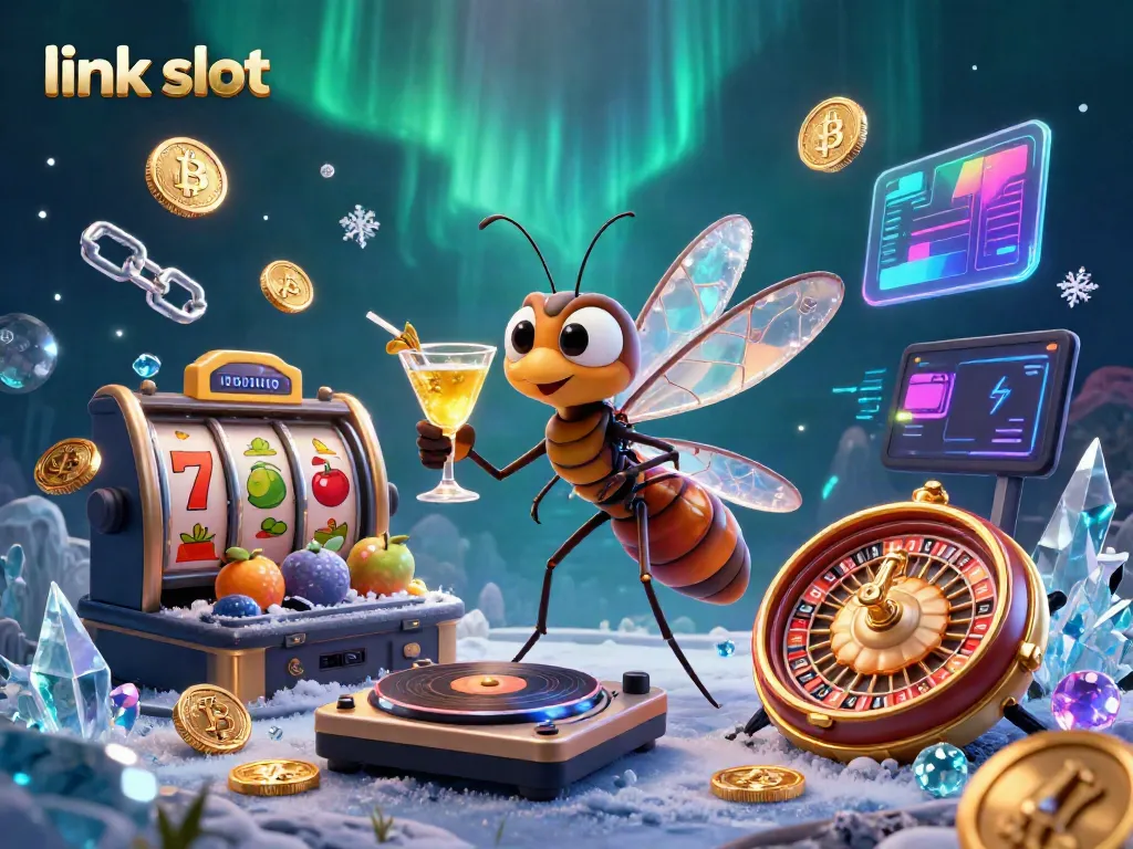 Winning big with link slot at a lively casino scene featuring animated characters.