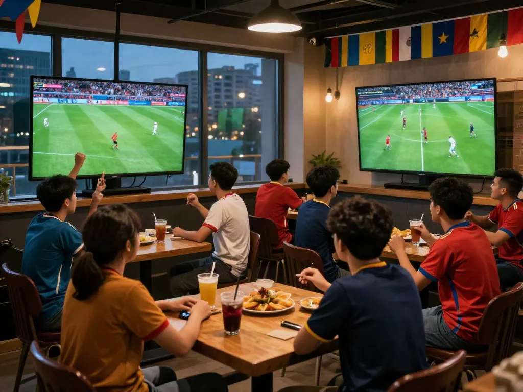 Excited fans watching bóng đá gavangtv in a vibrant sports bar with live matches.