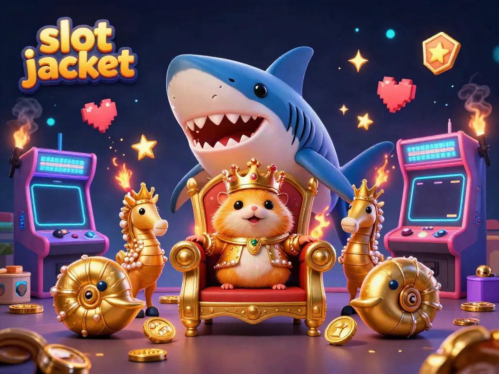 Spin the slot jackpot with an immersive scene featuring a golden hamster king, arcade machines, and seahorse guards.