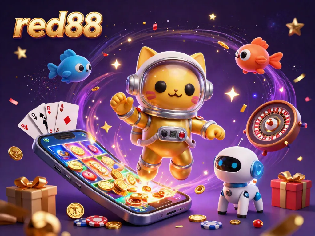 Engage with red88's vibrant gaming world featuring an astronaut cat, robot dog, and slot games.