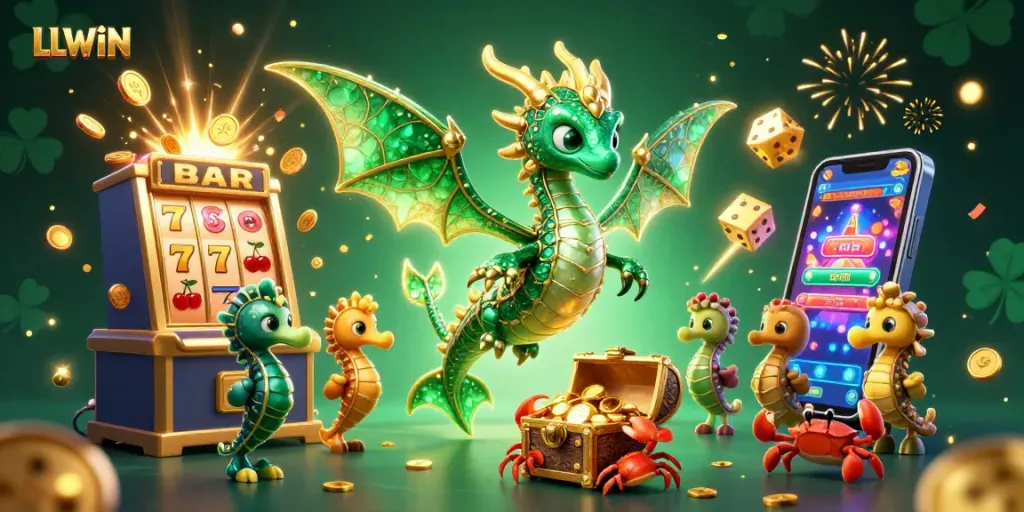Experience excitement at LLWIN with a vibrant 3D gaming scene filled with casino visuals.