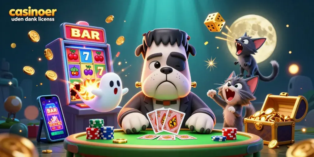 Playing at casinoer uden dansk licens with vibrant 3D cartoon characters, showcasing slots and games