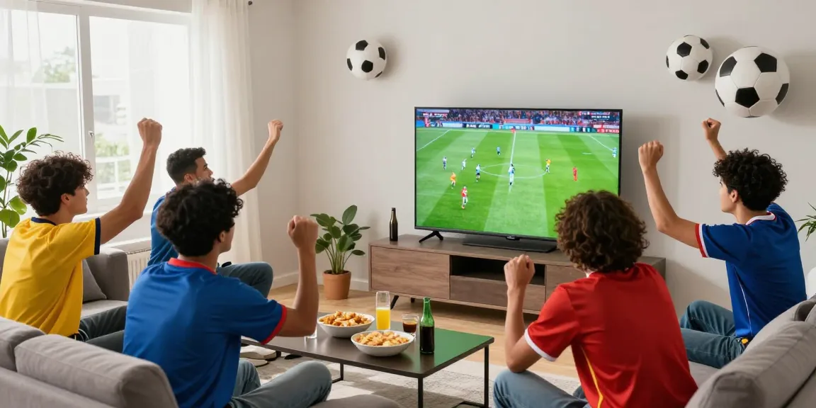 Friends enjoying trang bóng thapcamtv in a lively living room, watching football.