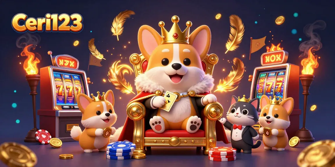 Spin the reels with Ceri123 featuring a royal corgi and a cat butler in a vibrant casino setting.