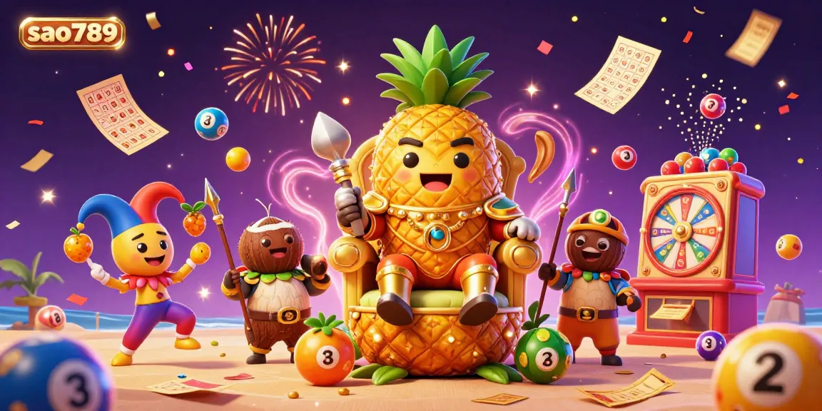 Engage in vibrant gameplay at sao789 with a festive scene featuring the pineapple king and dynamic gambling elements.