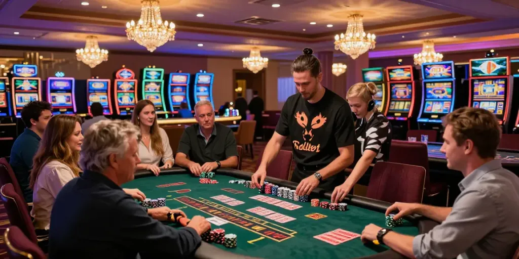 Players enjoying lively games at online casinos that accept credit card, vibrant casino atmosphere with diverse patrons.