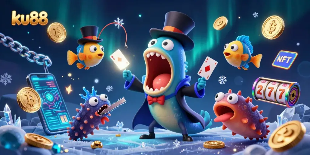 ku88 celebrates casino thrills with a scene of deep-sea creatures performing magic tricks amidst vibrant gaming elements.