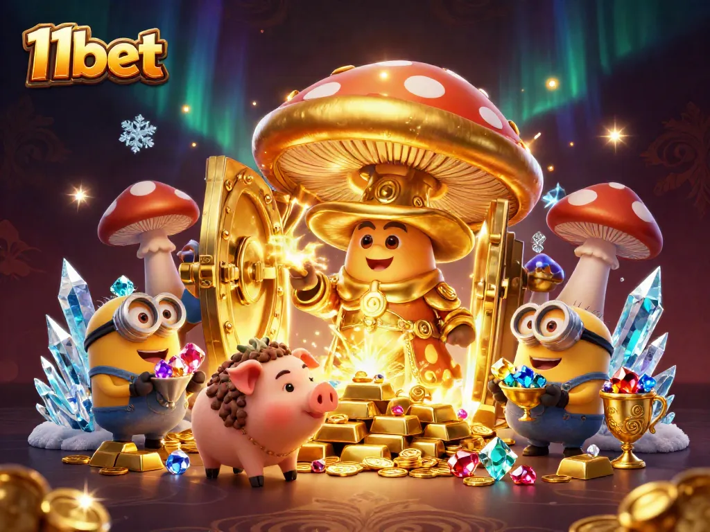 11bet players enjoy golden treasure and magic in this vibrant casino-style illustration.