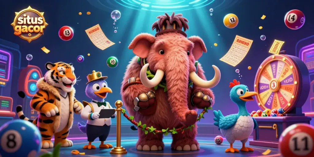 Situs gacor offers thrilling jackpots with a vibrant 3D casino scene featuring a mammoth bouncer and a saber-tooth tiger VIP.