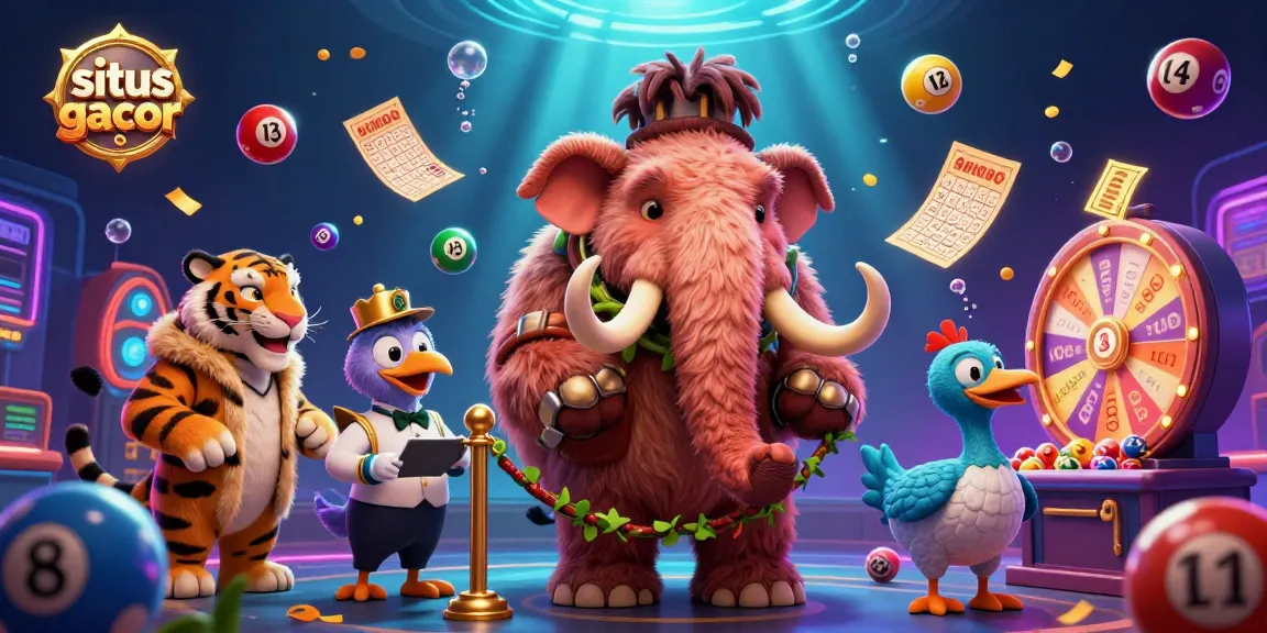 Situs gacor offers thrilling jackpots with a vibrant 3D casino scene featuring a mammoth bouncer and a saber-tooth tiger VIP.