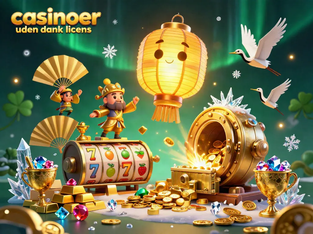 Engage with casinoer uden dansk licens for exciting slot games, surrounded by vibrant characters and golden treasures.