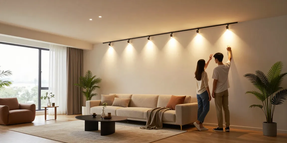 Iluminatul cu sina magnetică încastrată în living modern, cu spoturi LED ajustabile pentru ambianță elegantă.