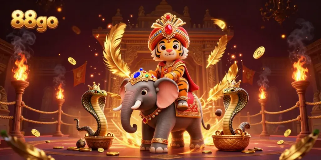 Experience thrilling adventures at 88go with a decorated elephant, lavish golden elements, and dynamic action.