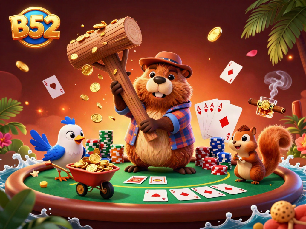 B52 casino scene with a beaver gathering golden coins and poker chips, offering thrilling gambling action.