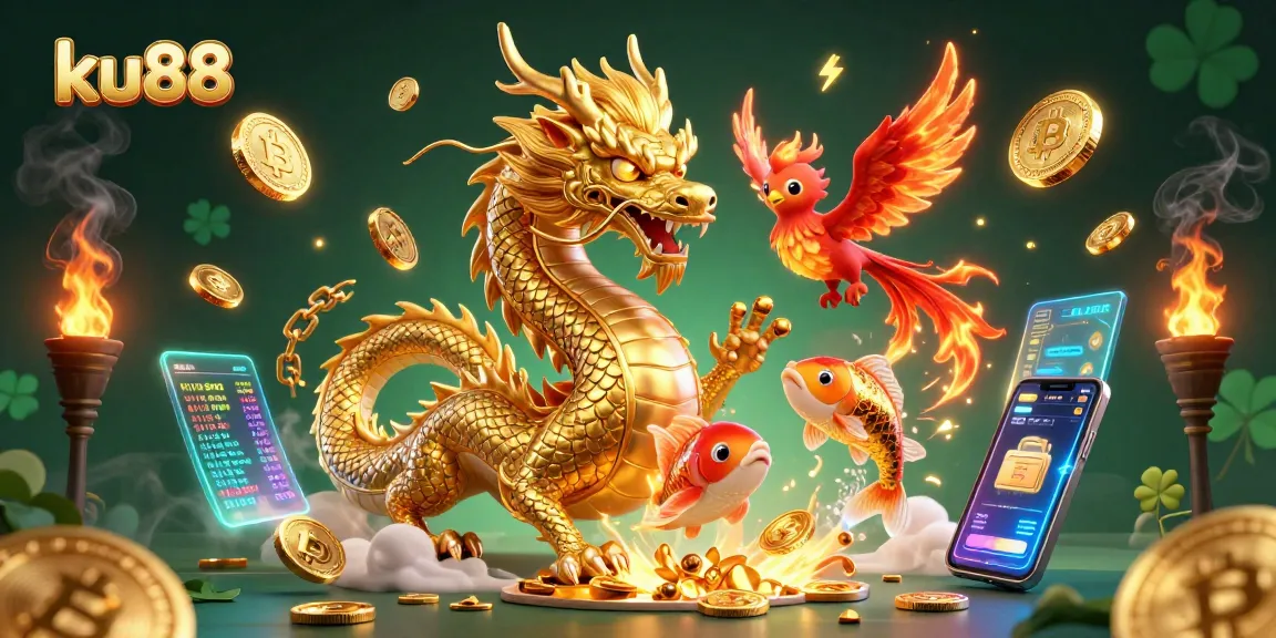 Engage in thrilling gameplay at ku88, featuring a golden dragon and a lucky koi fish amidst crypto coins.