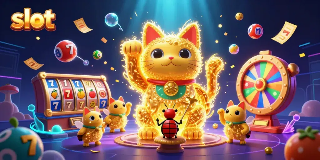 Witness the slot-themed vibrant 3D scene with a lucky cat and dynamic casino elements.