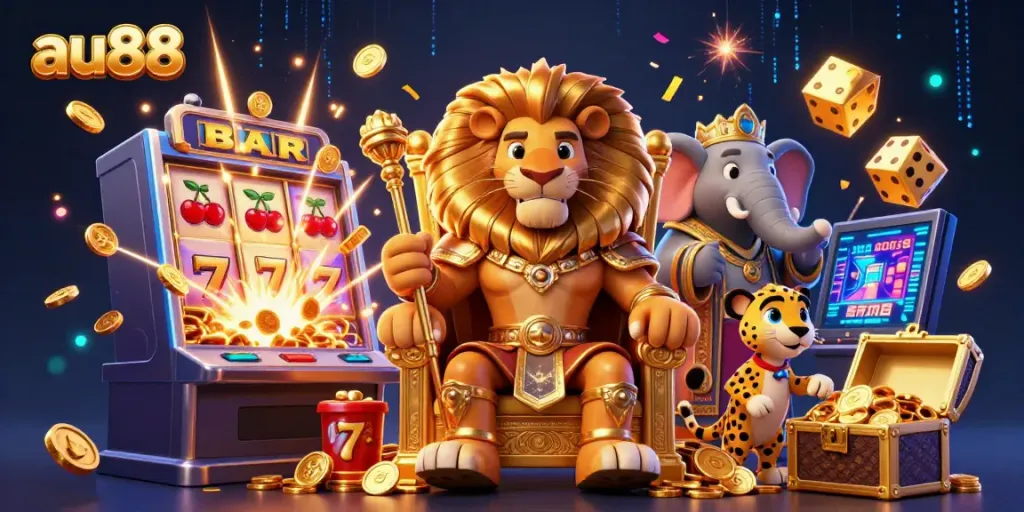 Experience the excitement of au88 with vibrant casino elements in a dynamic 3D illustration featuring a lion king, elephant advisor, and cheetah messenger.