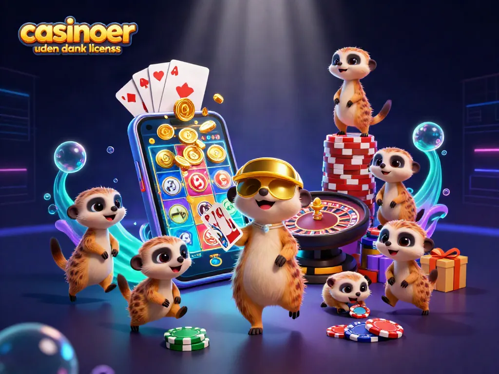 Engaging cartoon scene of meerkats at a vibrant casinoer uden dansk licens with colorful slot games and dynamic elements.