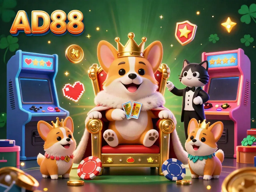 Experience the fun of AD88 with a vibrant 3D illustration showcasing a royal corgi throne made of poker chips.