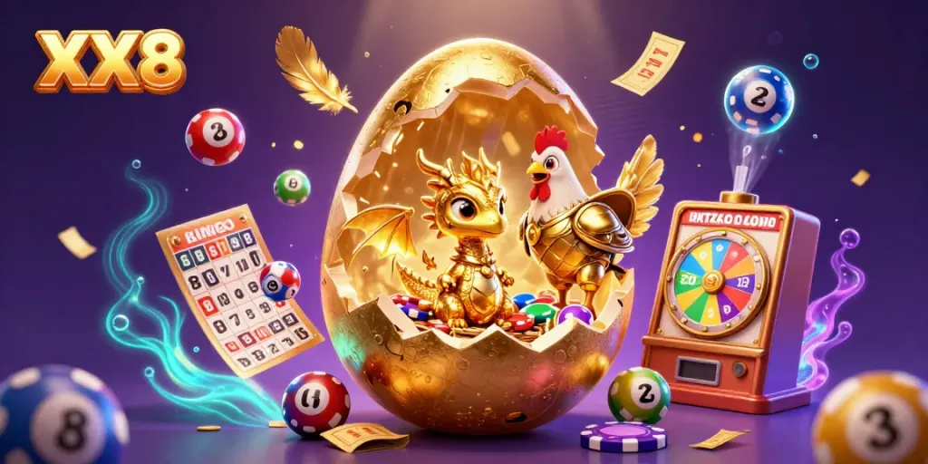 Experience the excitement of XX8, featuring a golden baby dragon and dynamic gaming elements in a vibrant casino scene.