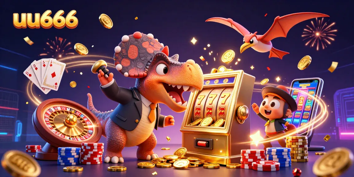 uu666 characters thrillingly engage in a casino jackpot scene with dynamic coins and games.
