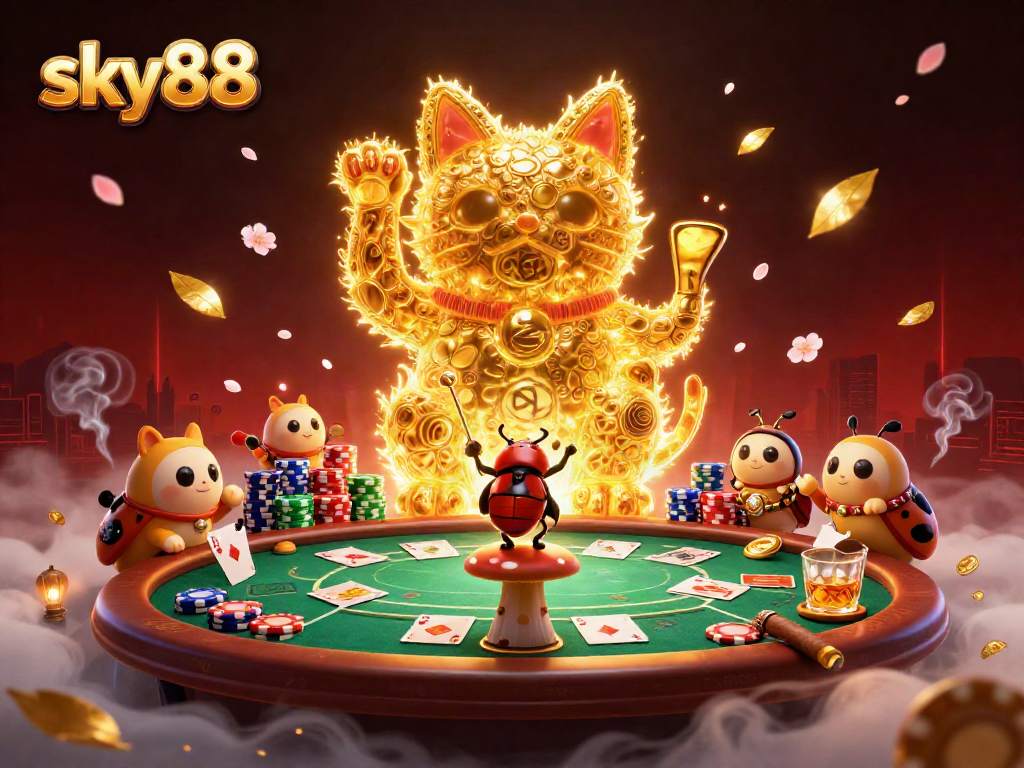 Experience the thrill of sky88 casino games with a lucky cat and vibrant poker table elements.